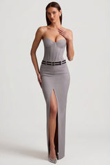 Pinstripe Low-Rise Maxi Skirt in Grey