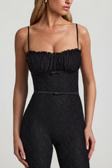 Bow-Detail Lace Flared Jumpsuit in Black