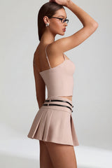 Belted Low-Rise Pleated Mini Skirt in Mushroom