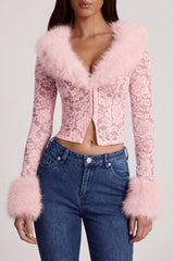 Sheer Lace Faux-Fur-Trim Cardigan in Pink