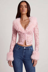Sheer Lace Faux-Fur-Trim Cardigan in Pink