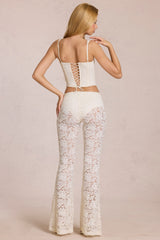 Sheer Lace Mid-Rise Flared Trousers in Pearl