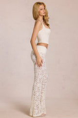Sheer Lace Mid-Rise Flared Trousers in Pearl
