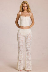 Sheer Lace Mid-Rise Flared Trousers in Pearl