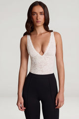 Sheer Lace Scalloped Plunge-Neck Bodysuit in White