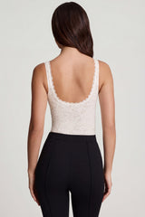 Sheer Lace Scalloped Plunge-Neck Bodysuit in White