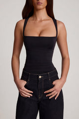 Soft Jersey Square-Neck Ruched Top in Black