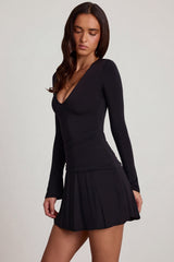 Soft Jersey Scoop-Neck Flared Mini Dress in Black