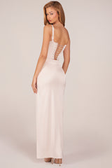 Corseted Thigh-High Split Maxi Dress in Pearl