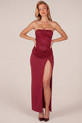 Bandeau Draped Thigh-High Maxi Dress in Wine