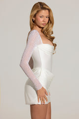 Embellished Long-Sleeve Draped Mini Dress in White