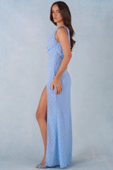 One-Shoulder Maxi Dress in Blue Polka Dot Print
