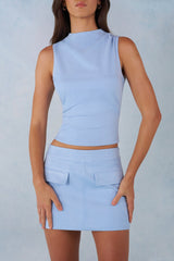 Faux Suede Turtleneck Top in Soft Blue
