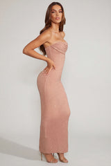 Embellished Bandeau Cowl Neck Maxi Dress in Caramel