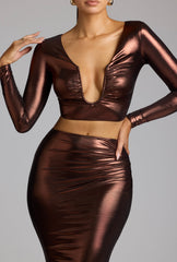 Mid Rise Metallic Jersey Maxi Skirt in Copper Bronze