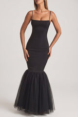 Tulle Hem Fishtail Gown in Black