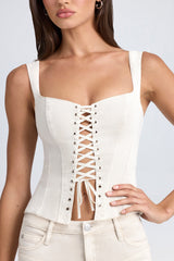 Denim Style Lace-Up Corset Top in Ecru
