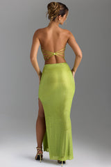 Embellished V-Waist Thigh-Split Maxi Skirt in Pear Green