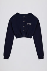 Brushed Jersey Button-Up Cropped Cardigan in Classic Navy