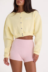 Brushed Jersey Button-Up Cropped Cardigan in Lemon