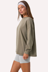 Acid Wash Long-Sleeve Oversized T-Shirt in Light Green