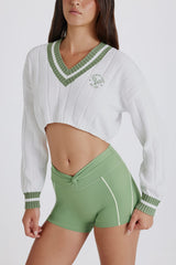 Cable Knit Cotton Cropped Jumper in Green Ivory