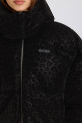 Waterproof Cropped Oversized Ski Jacket in Black Leopard