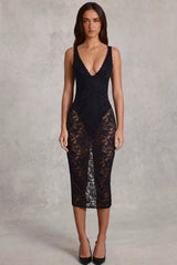 Sheer Lace Scalloped Plunge Bodysuit Midaxi Dress in Black
