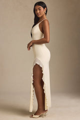 Ruched Ruffle-Trim Maxi Dress in Ivory
