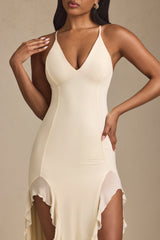 Ruched Ruffle-Trim Maxi Dress in Ivory