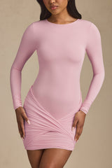 Modal Twist-Front Ruched Backless Mini Dress in Soft Pink