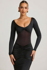 Bow-Detail Ruched Maxi Dress in Black