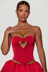 Embellished Heart Cut-Out Strapless Corset Top in Red