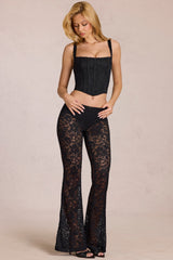 Sheer Lace Mid-Rise Flared Trousers in Black