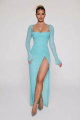 Embellished Cowl Neck Maxi Dress in Aquamarine