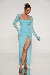 Embellished Cowl Neck Maxi Dress in Aquamarine