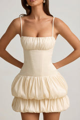 Satin Bubble Hem Corset Mini Dress in Ivory