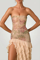 Embellished Ruffle-Trim Strapless Gown in Rose Hotfix
