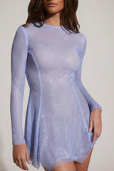 Embellished Long Sleeve Backless Mini Dress in Blue