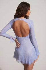 Embellished Long Sleeve Backless Mini Dress in Blue