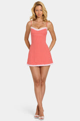 Modal Lace-Trim Mini Dress in Red Gingham