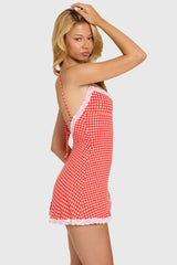 Modal Lace-Trim Mini Dress in Red Gingham