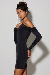 Off-Shoulder Ruched Mini Dress in Black