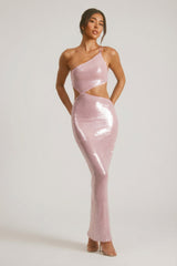 Sheer Sequin One Shoulder Cut Out Maxi Dress in Lilac