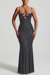 Embellished Cut-Out Asymmetric Midaxi Dress in Black