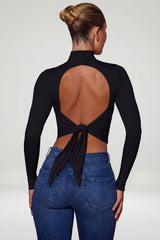 Cowl-Neck Tie-Back Top in Black