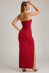 Embellished Strapless Cowl-Neck Maxi Dress in Rouge