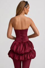 Satin Bubble Hem Corset Mini Dress in Wine Red