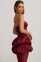 Satin Bubble Hem Corset Mini Dress in Wine Red