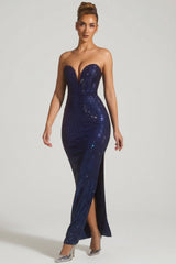 Embellished Strapless Plunge Gown in Navy
